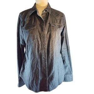 Lauren Ralph Lauren Shirt Size L Black Denim Button Up Western Pearl Sna…